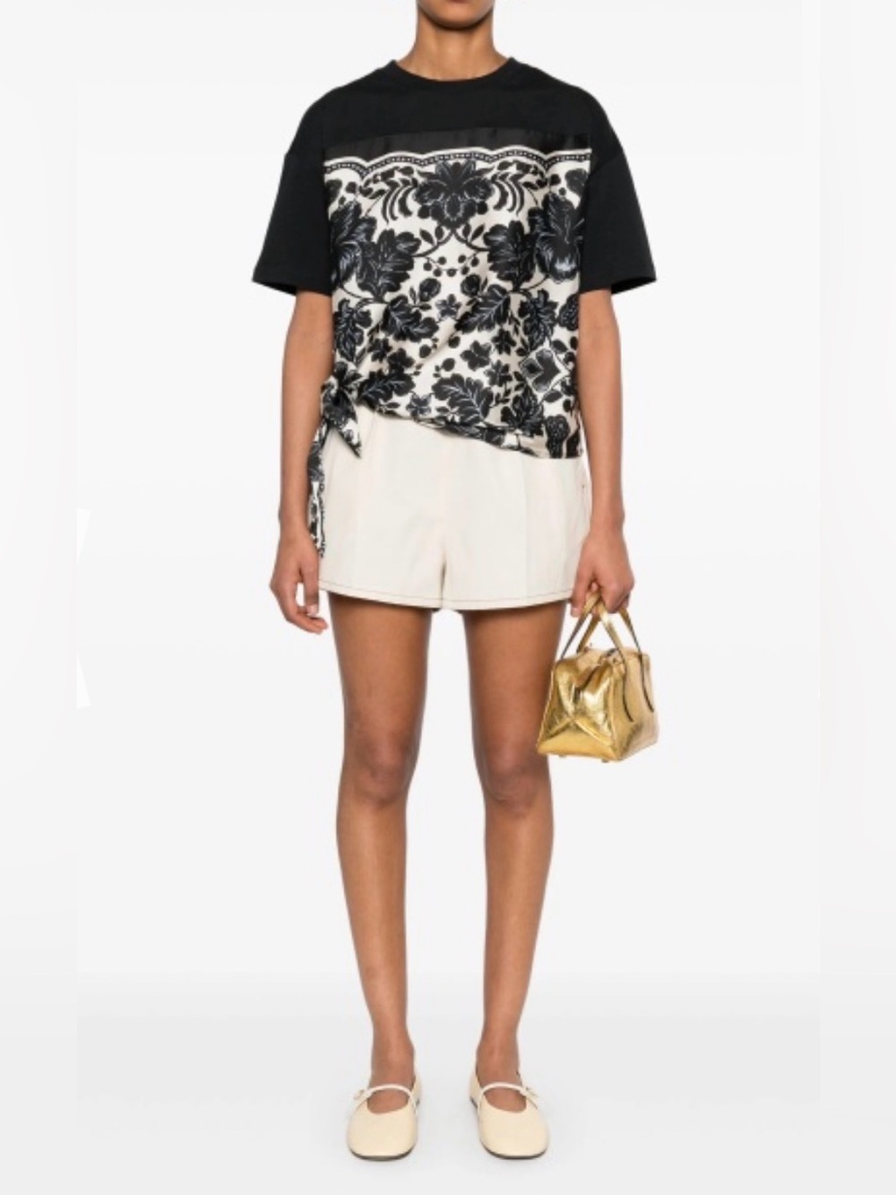 Sandro Black and White Floral Waist Tie Short Sleeve Top Size M